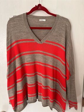 Mersea Coral and Taupe Striped V-Neck Sweater